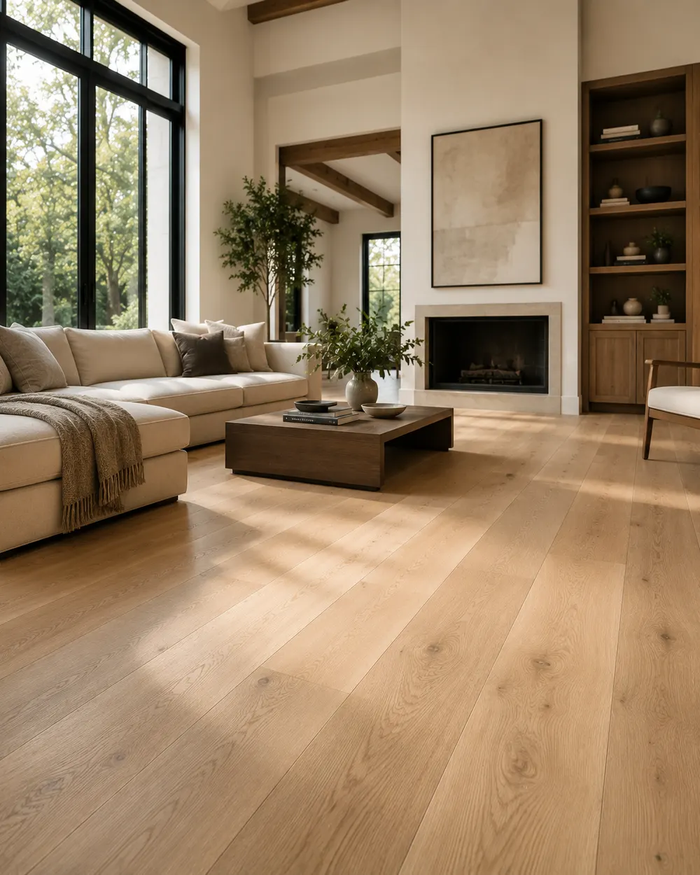 Wide plank white oak flooring in a bright living room