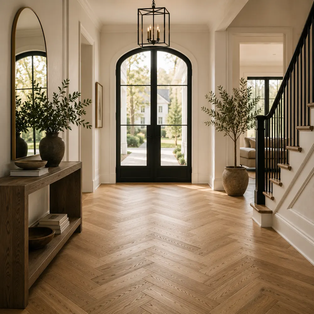 Herringbone pattern hardwood entryway