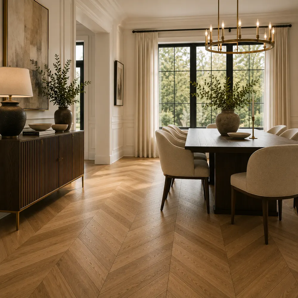 Chevron pattern hardwood flooring in a dining room